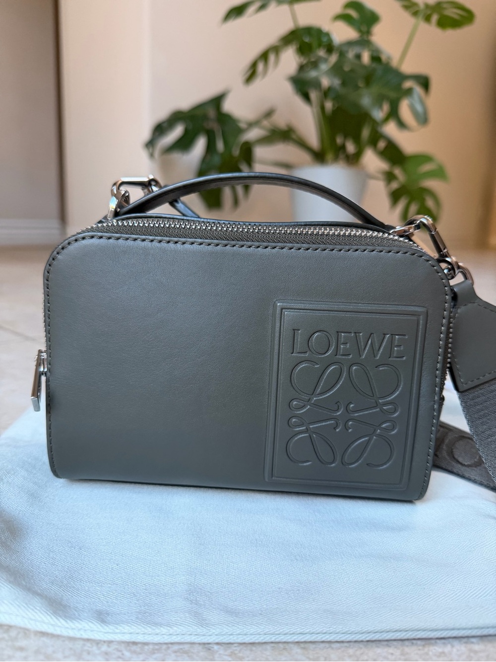 Loewe Gray Embossed Anagram Crossbody Box Bag